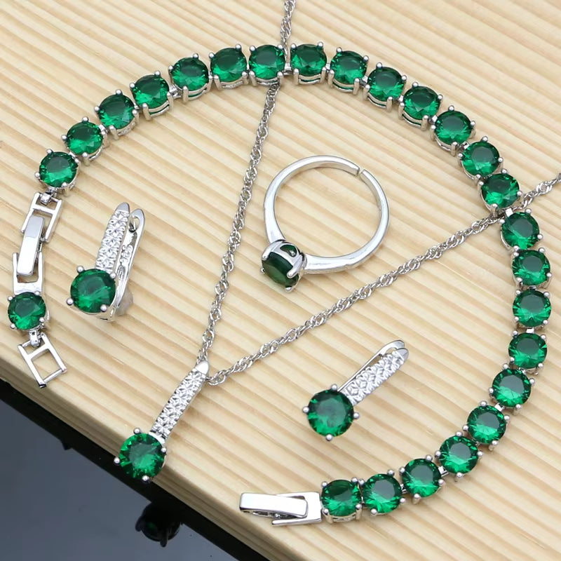 Bride Silver 925 Jewelry Sets Natural Green Emerald Earring Bracelet Resizable Ring Birthstone Fashion Necklace Set Dropshipping