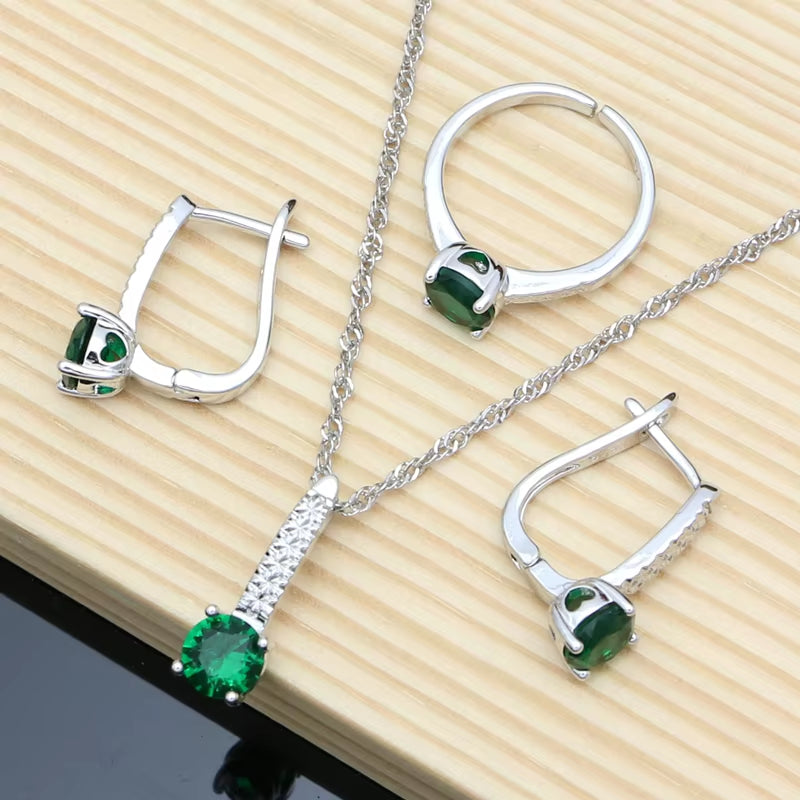 Bride Silver 925 Jewelry Sets Natural Green Emerald Earring Bracelet Resizable Ring Birthstone Fashion Necklace Set Dropshipping