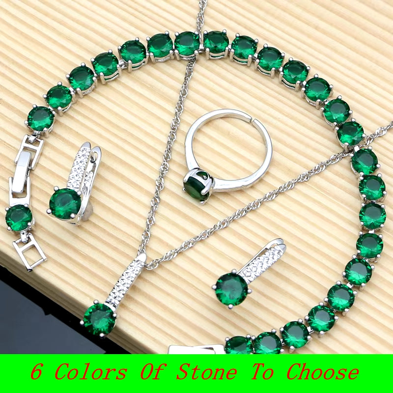 Bride Silver 925 Jewelry Sets Natural Green Emerald Earring Bracelet Resizable Ring Birthstone Fashion Necklace Set Dropshipping